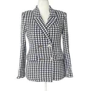 Ellie Tahari Vintage Woven Houndstooth Double Breasted Blazer Size S Navy White
